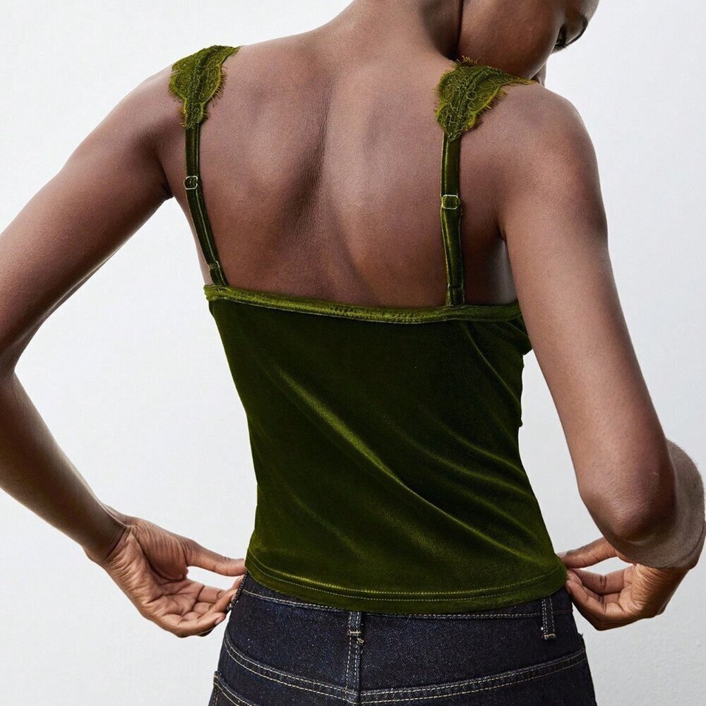 Army Green Casual Women's Velvet Lace Patchwork Tank Bodysuit with Metal Buckle - Picture 2 of 7